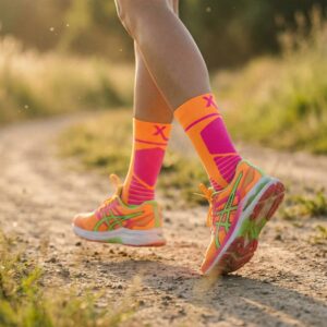 Beine einer joggenden Person mit orangen Laufschuhen und neon orange-pinken Sportsocken mit Kompression von xunt